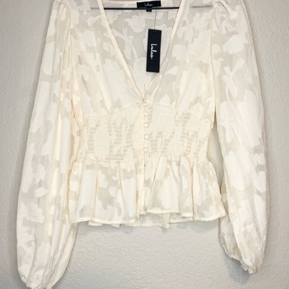 Lulus Patio Date Ivory Floral Jacquard Button-Up Long Sleeve Top - Picture 6 of 8